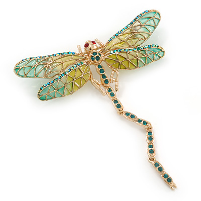 Olive, Teal, Pale Green Austrian Crystal Dragonfly Brooch With Moving Tail In Gold Plating - 80mm