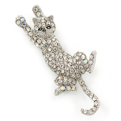 Clear Austrian Crystal Cat Brooch/ Pendant In Rhodium Plating - 50mm L - main view