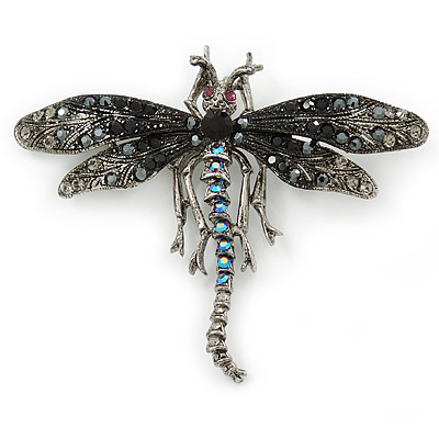 Black, Hematite, AB Crystal Dragonfly Brooch In Antique Silver Tone Metal - 70mm Across - main view