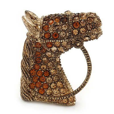Vintage Inspired Topaz, Amber Austrian Crystal Horse Head Brooch/ Pendant In Antique Gold Tone - 30mm L - main view