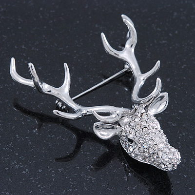 Large Clear Austrian Crystal Stag Head Brooch In Rhodium Plating - 70mm Length - main view