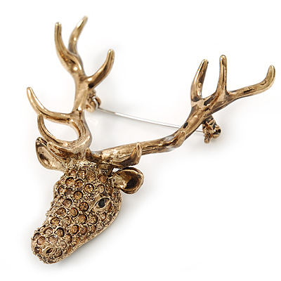 Large Topaz Coloured Austrian Crystal Stag Head Brooch In Antique Gold Tone - 70mm Length - main view