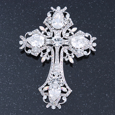 Statement Clear Austrian Crystal Cross Brooch/ Pendant In Silver Tone Metal - 85mm Length - main view