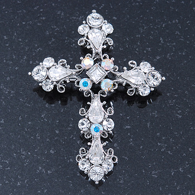 Victorian Clear, AB Austrian Crystal Cross Brooch/ Pendant In Silver Tone Metal - 58mm Length - main view
