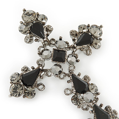 Avalaya Statement Black//Hematite Austrian Crystal Filigree Cross Brooch//Pendant in Gunmetal 58mm Length