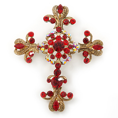 Statement Ruby Red Crystal Filigree Cross Brooch/ Pendant In Gold Tone Metal - 58mm Length