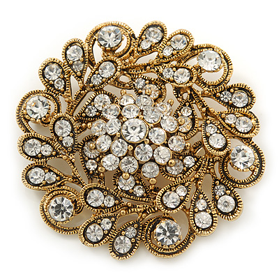 Vintage Inspired Clear Crystal Floral Corsage Brooch In Antique Gold Metal - 55mm Diameter - main view