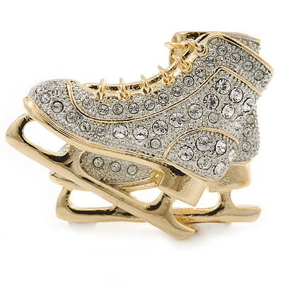 Two Tone Clear Austrian Crystal Skates Brooch - 40mm Width - main view
