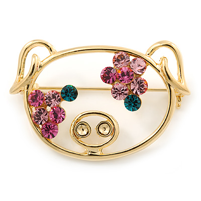 Gold Plated Pink Crystal Piggy Brooch - 40mm Length - main view