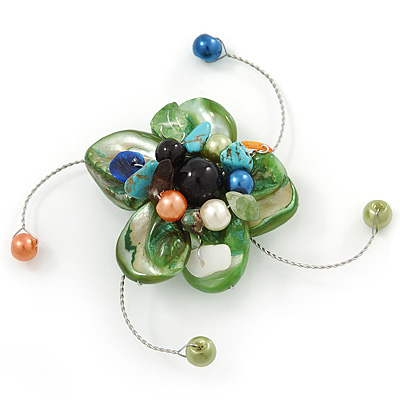 Handmade Green Shell, Beaded Wire Flower Brooch In Silver Tone - 45mm Diameter - main view