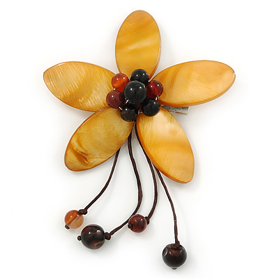 Handmade Mustard Shell Flower With Faux Amber Bead Dangle Brooch - 95mm Length - main view