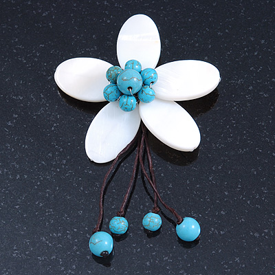 Handmade White Shell Flower With Turquoise Bead Dangle Brooch - 95mm Length - main view