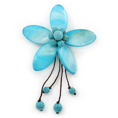 Handmade Light Blue Shell Flower With Turquoise Bead Dangle Brooch - 95mm Length
