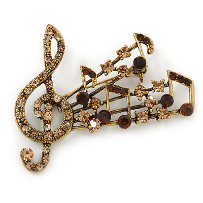 Antique Gold Citrine, Topaz Crystal 'Musical Notes' Brooch - 50mm Length - main view