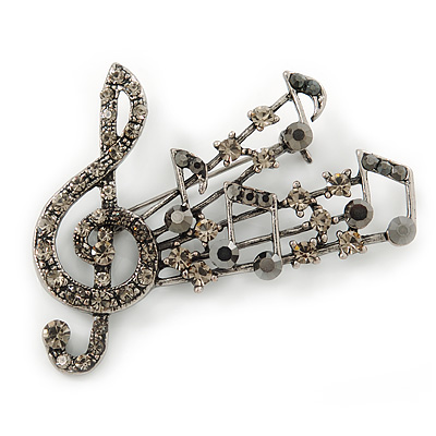 Antique Silver Grey, Hematite Crystal 'Musical Notes' Brooch - 50mm Length - main view