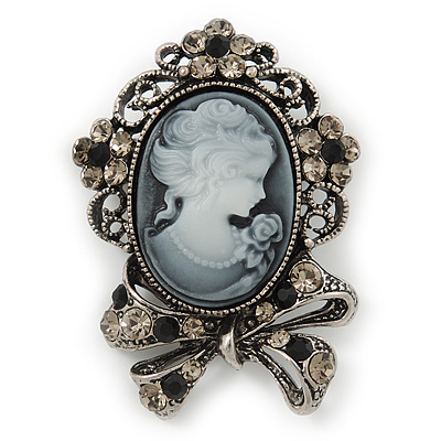 Vintage Inspired Crystal Cameo With Bow Brooch/ Pendant In Antique Silver Metal - 45mm Length - main view
