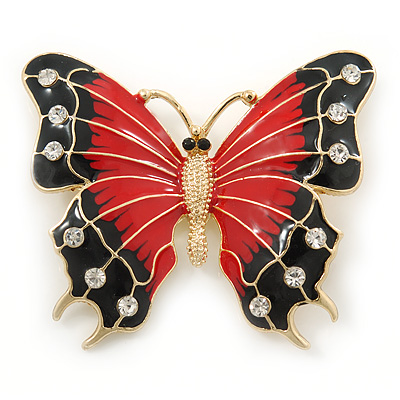 Red/ Black Enamel, Crystal Butterfly Brooch In Gold Tone - 55mm L - main view