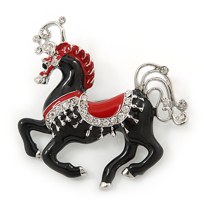 Black/ Red Enamel, Crystal Horse Brooch In Silver Tone - 48mm Across - main view