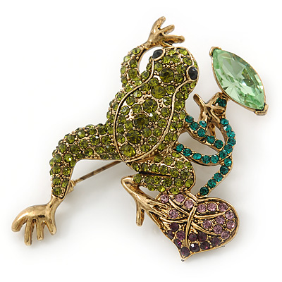 Olive, Green, Purple Austrian Crystal Frog Brooch In Gold Tone - 55mm L - main view