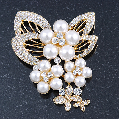 Bridal White Faux Pearl, Clear Austrian Crystal Floral Brooch In Gold Tone - 75mm L