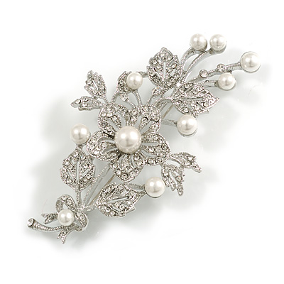 Bridal Crystal, Glass Pearl Floral Brooch In Silver Tone - 85mm L - main view