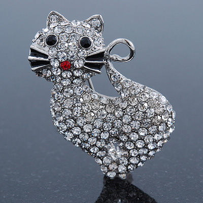 Pave Set Clear Austrian Crystal 'Kitty' Brooch In Silver Tone - 40mm L - main view