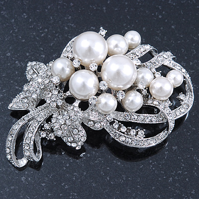 Bridal/ Wedding White Faux Pearl, Clear Crystal Floral Brooch In Silver Tone -  65mm L - main view