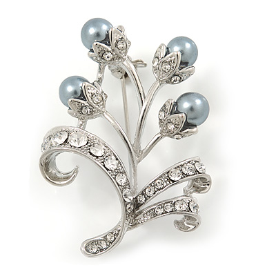 Light Grey Imitation Pearl, Clear Crystal Floral Brooch In Silver Tone - 45mm L - main view