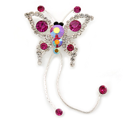 Fuchsia, Clear Crystal Butterfly With Dangling Tail Brooch In Silver Tone - 95mm L - main view