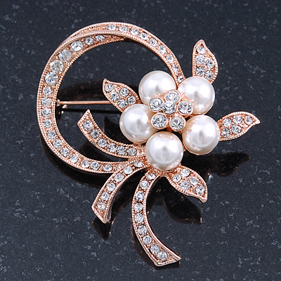 Bridal Crystal, Similutated Pearl Flower Brooch In Rose Tone Gold - 50mm Across
