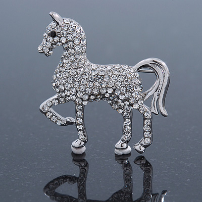 Small Silver Tone Austrian Crystal Horse Brooch - 38mm Width - main view