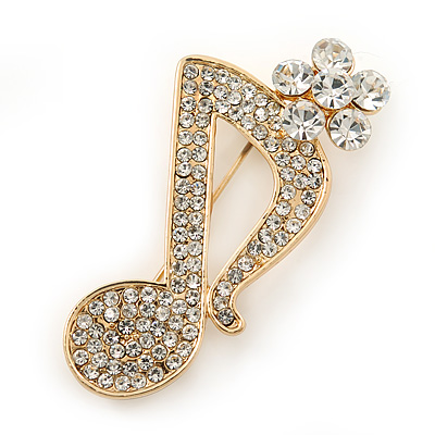 Gold Tone Clear Crystal Musical Note Brooch - 40mm L