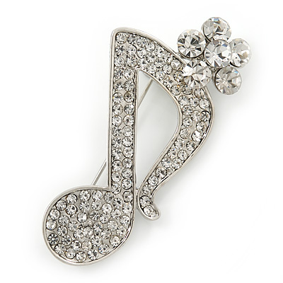 Silver Tone Clear Crystal Musical Note Brooch - 40mm L - main view