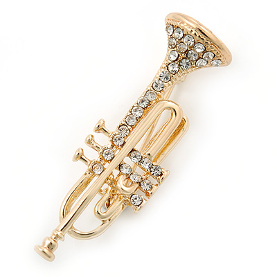 Gold Tone Clear Crystal Musical Instrument Trumpet Brooch - 48mm L - main view