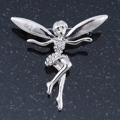 Silver Tone Clear Crystal 'Fairy' Brooch - 45mm L - main view