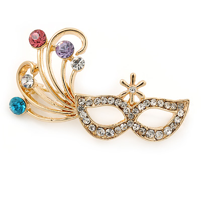 Gold Tone Crystal Carnival Mask Brooch - 45mm W - main view