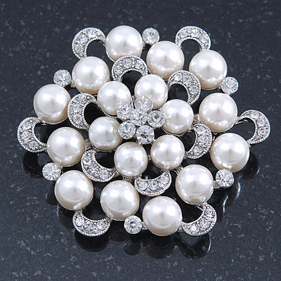 Bridal Glass Pearl, Clear Crystal Flower Brooch In Rhodium Plating - 45mm D