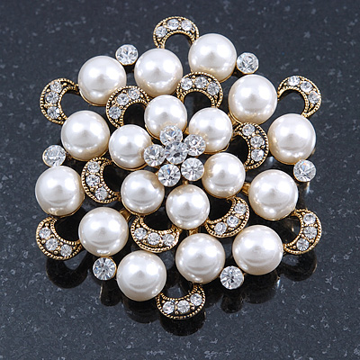 Bridal Glass Pearl, Clear Crystal Flower Brooch In Gold Plating - 45mm D - main view