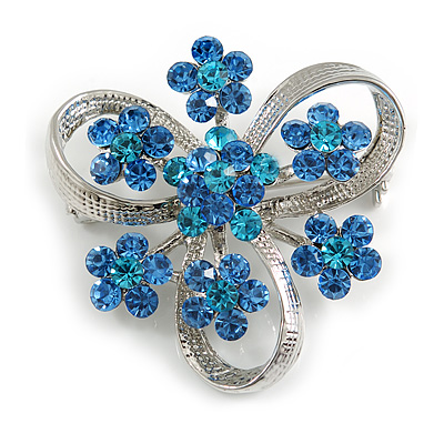 3 Petal Light Blue Crystal Flower Brooch In Rhodium Plating - 40mm Across - main view