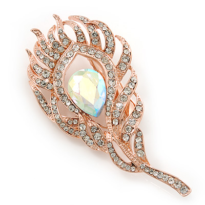 Exquisite Clear/ AB Crystal Feather Brooch/ Hair Clip In Rose Gold Metal - 80mm L