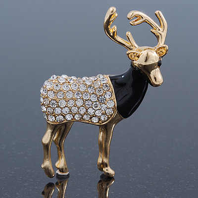 Crystal, Black Enamel Stag Brooch In Gold Tone - 55mm L - main view