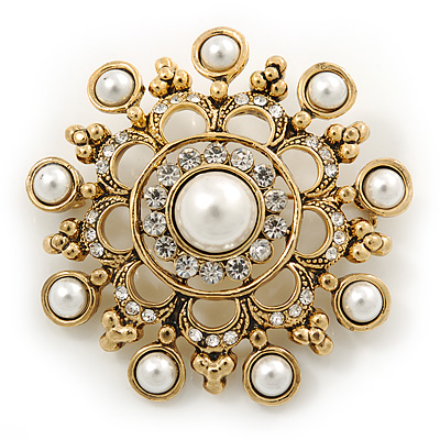 Vintage Inspired Crystal, Faux Pearl Filigree Round Brooch In Gold Tone - 47mm Diameter