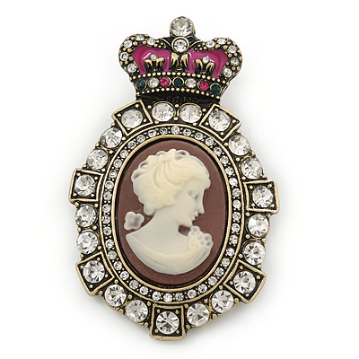 Vintage Inspired Clear Austrian Crystal Cameo Brooch In Antique Gold Metal - 65mm L - main view