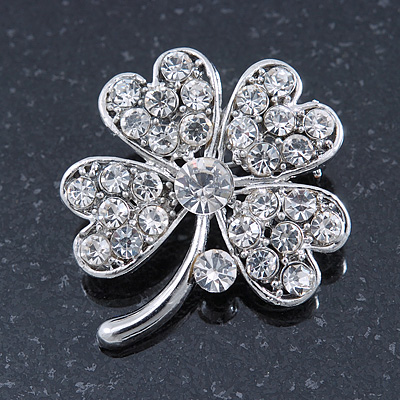 Silver Tone Clear Crystal Clover Brooch - 35mm L - main view