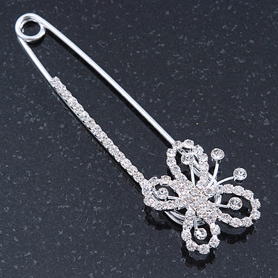 Rhodium Plated Clear Crystal Butterfly Safety Pin Brooch - 85mm L - main view