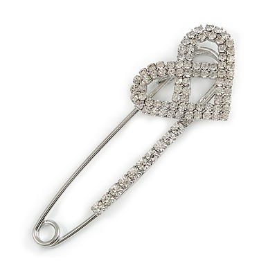 Rhodium Plated Clear Crystal Heart Safety Pin Brooch - 85mm L - main view