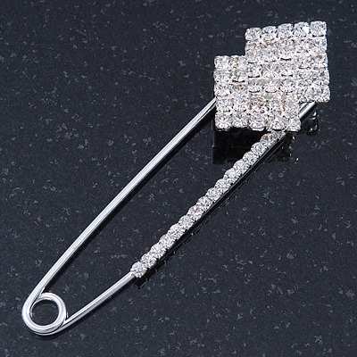 Clear Crystal Double Square Safety Pin Brooch In Rhodium Plating - 80mm L - main view