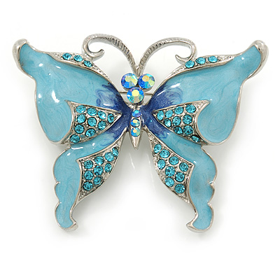 Sky Blue Enamel Crystal Butterfly Brooch In Rhodium Plating - 50mm W - main view