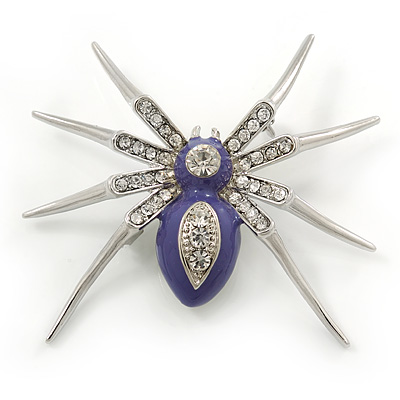 Stunning Crystal, Purple Enamel 'Spider' Brooch In Rhodium Plating - 55mm W
