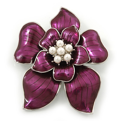 Deep Purple Enamel Layered Flower Brooch In Silver Tone - 60mm L - main view
